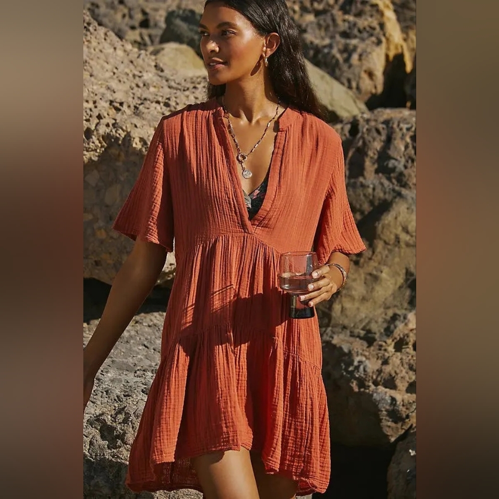 Anthropologie Rust Orange Gauze Swim Coverup Dress - Picture 2 of 8